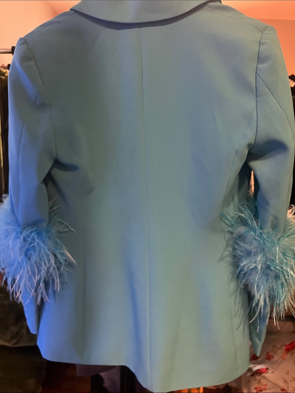LUXE Aqua Blue Feather Sleeve Double-Breasted Blazer - Picture 2 of 3